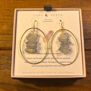 LUNA NORTE Quartz & 14 KT Gold plated brass earrings Brand new never worn in box